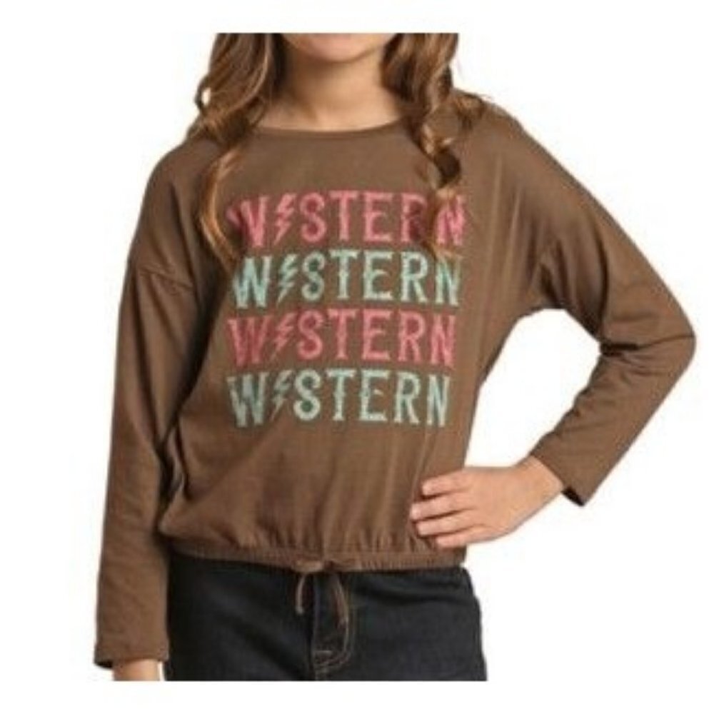 Rock & Roll Denim Girls Long Sleeve Western Graphic Tied Hemline Shirt Top Brown